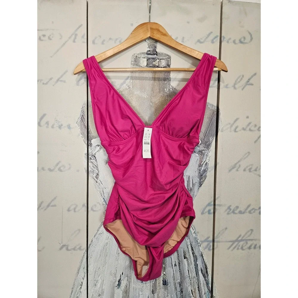 NWT J.Crew One Piece Swimsuit 8 Pink Ruched V-Neck BC116